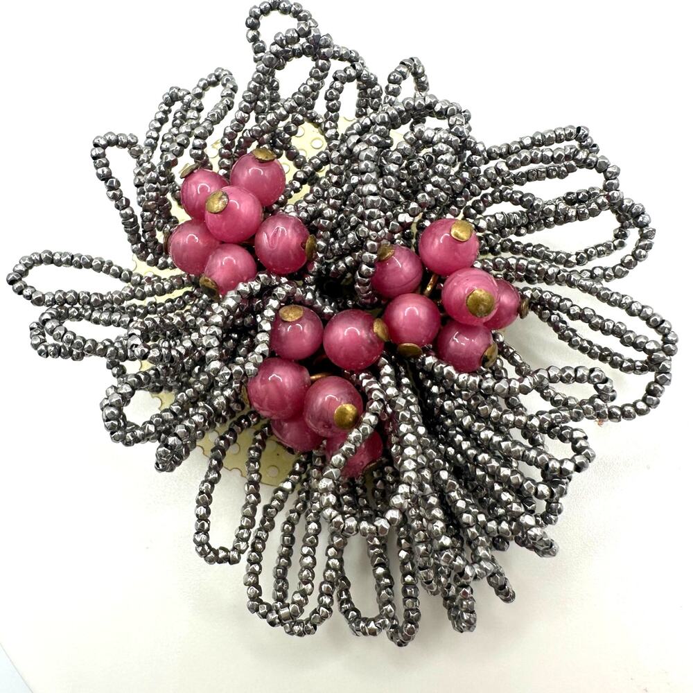 Miriam Haskell Frank Hess vintage 1940s silver pink art glass beaded brooch